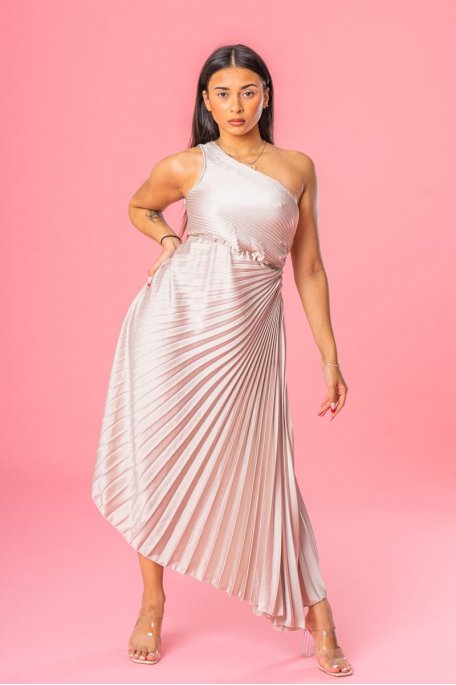 Beige one-shoulder asymmetrical maxi dress