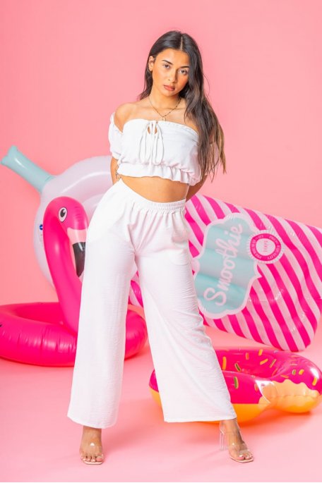 White openwork crop top and ruffled pants set