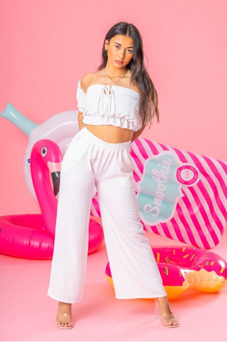 Ensemble crop top ajouré à volants pantalon ample blanc