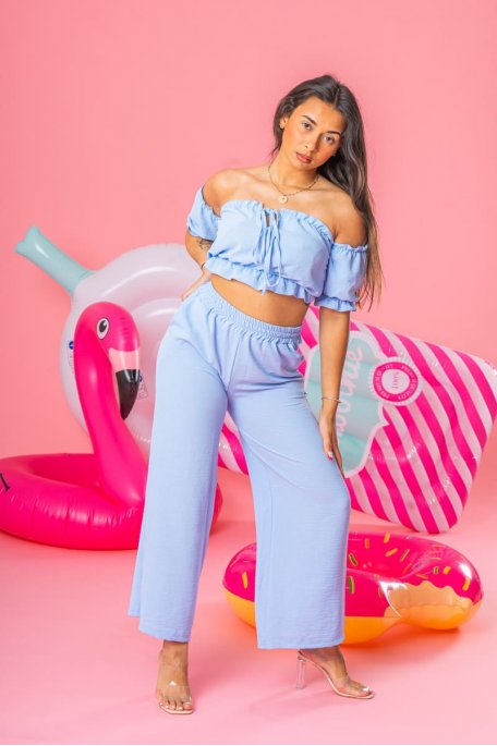 Blue openwork crop top and ruffled pants set