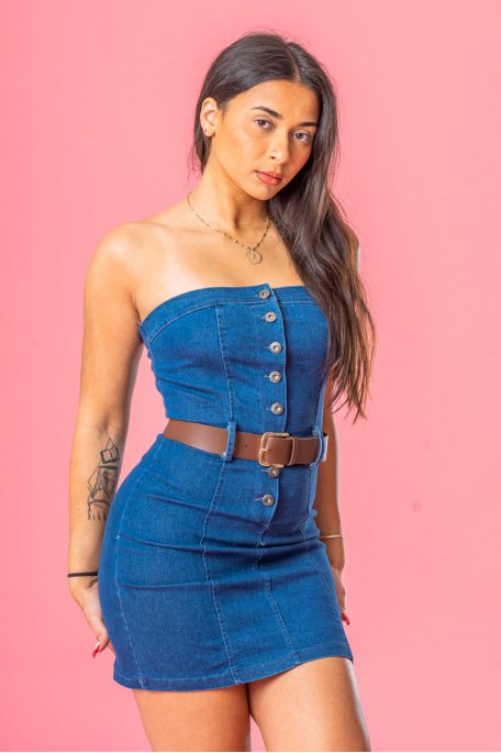 Blue belted strapless denim dress