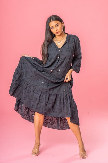 Langes Kleid mit englischer Stickerei und Knopfleiste schwarz