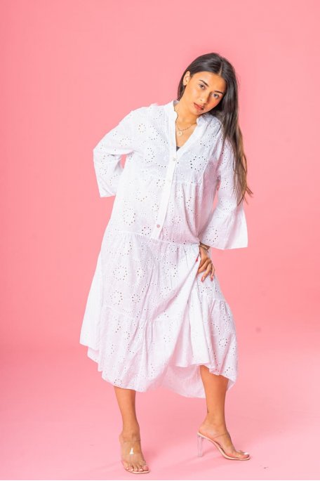 Long white buttoned broderie anglaise dress