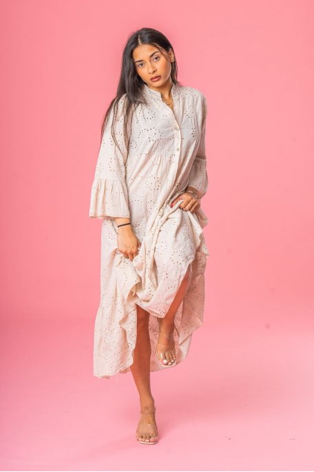 Long beige buttoned broderie anglaise dress