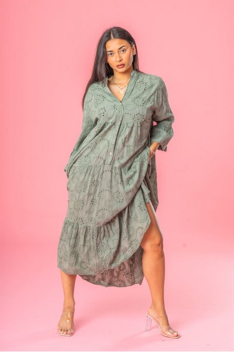 Long dress, broderie anglaise, V-neck, green