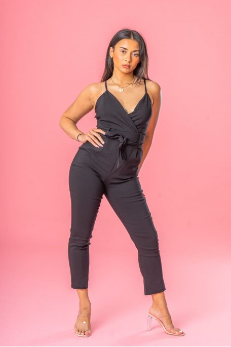 Black wrap-around tie belt jumpsuit