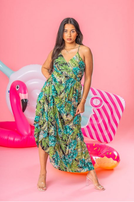 Robe fines bretelles motif tropical noir