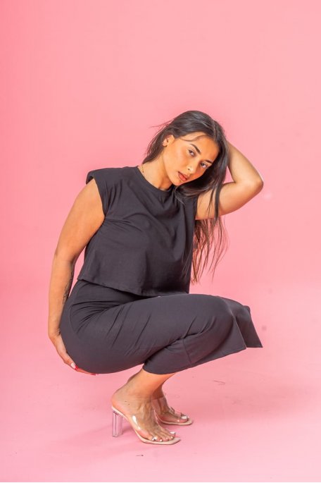 Ensemble jupe crop top épaulettes noir