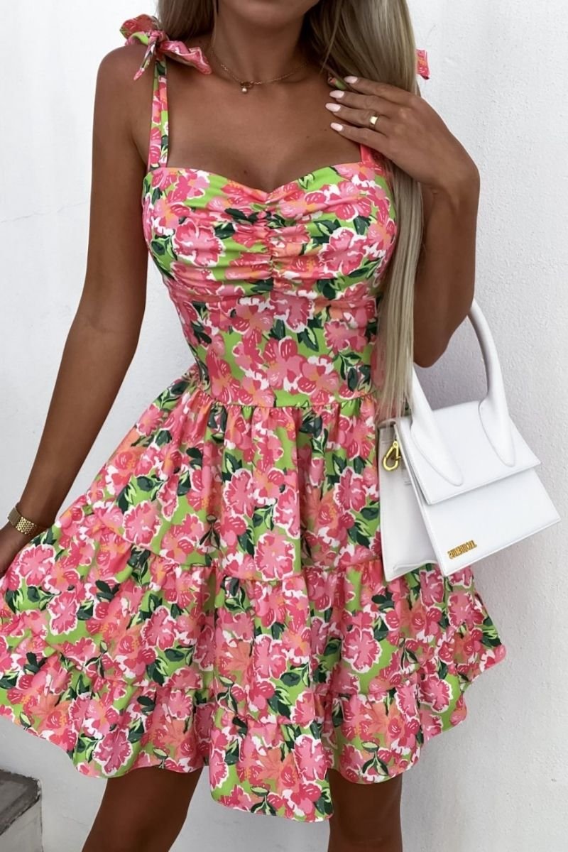 Robe courte rose et verte fleurie Cinelle Paris mode femme tendance