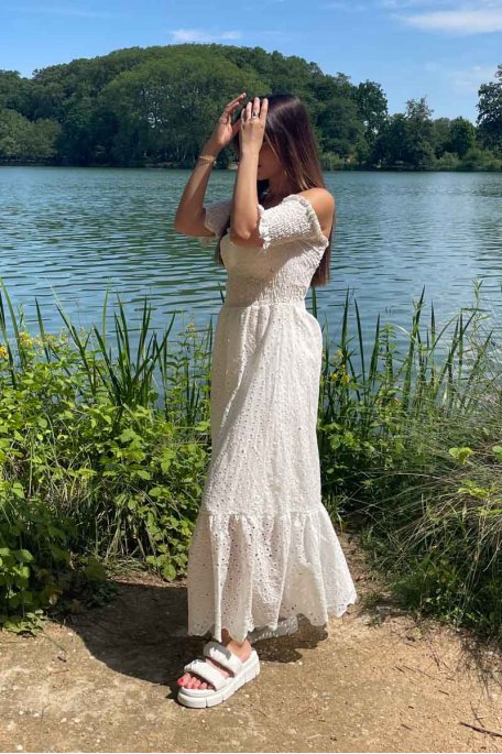 Long dress, broderie anglaise, white bardot collar