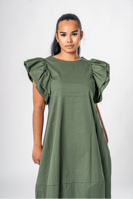 Halblanges Kleid mit kurzen Ärmeln und Rüschen khaki