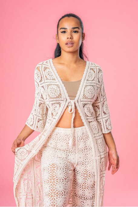 Long openwork cardigan in beige mesh
