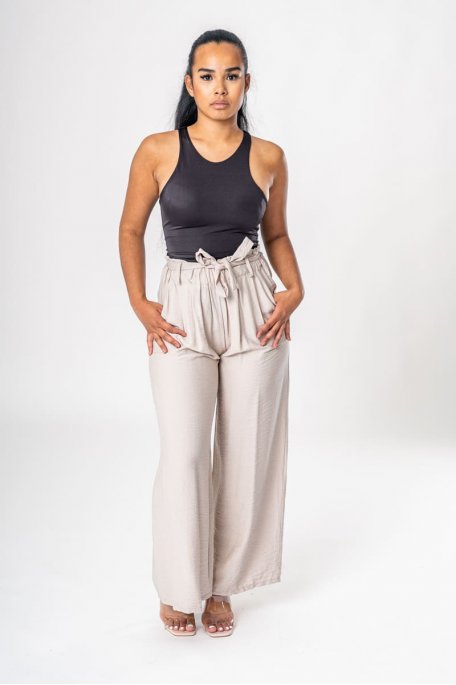Pantalon large fluide ceinturé beige