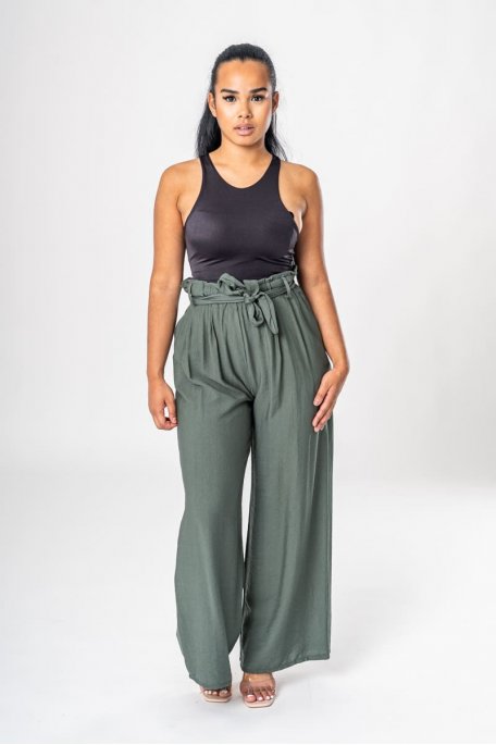 Pantalon large fluide ceinturé kaki