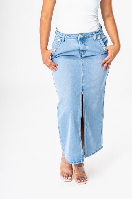 Mid-length skirt in blue button-down denim