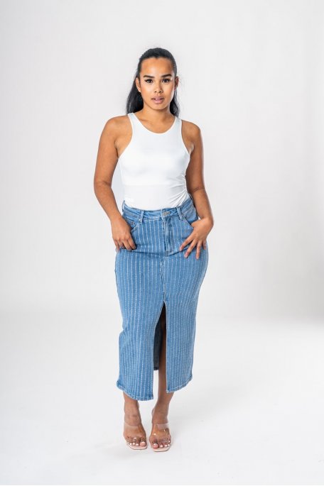 Asymmetrical slit skirt in blue rhinestone denim