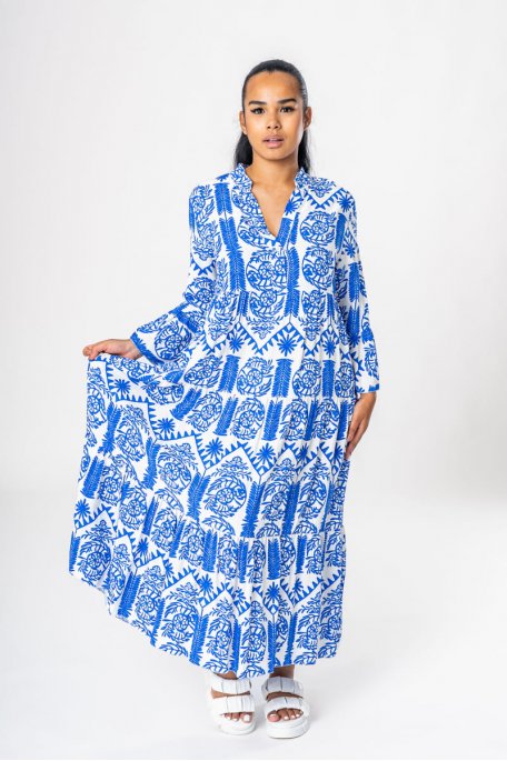 Printed long flowing dress with blue ruffles