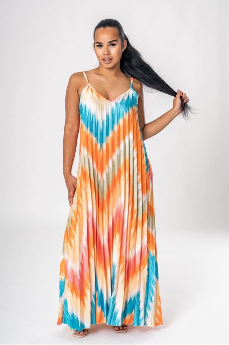 Multicolored orange long pleated dress with thin straps