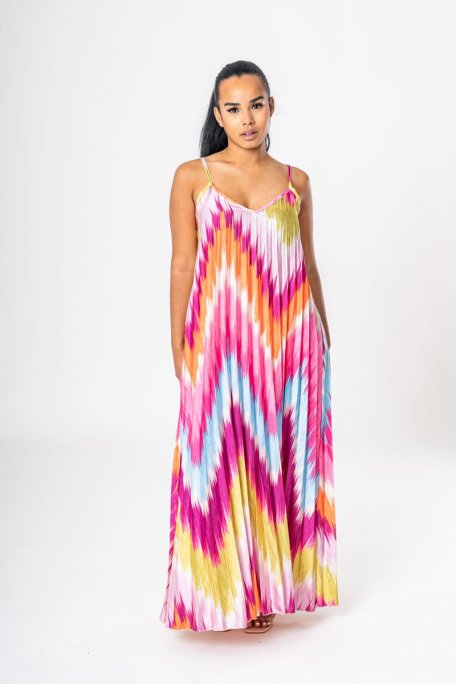Multicolored pink long pleated dress with thin straps
