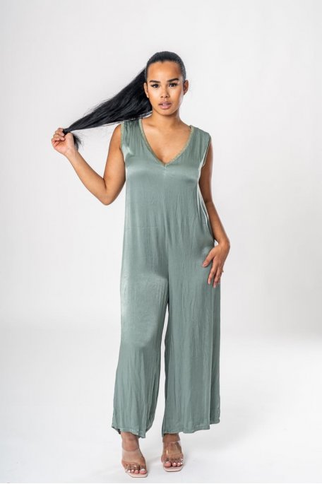 Sleeveless trouser jumpsuit in khaki