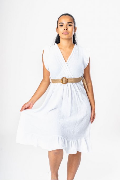 White belted wrap-around cotton gauze dress