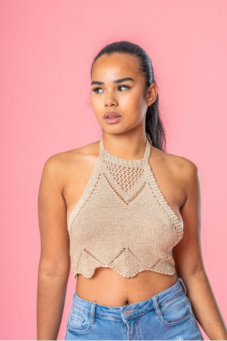 Crop top dos nu en maille ajourée or