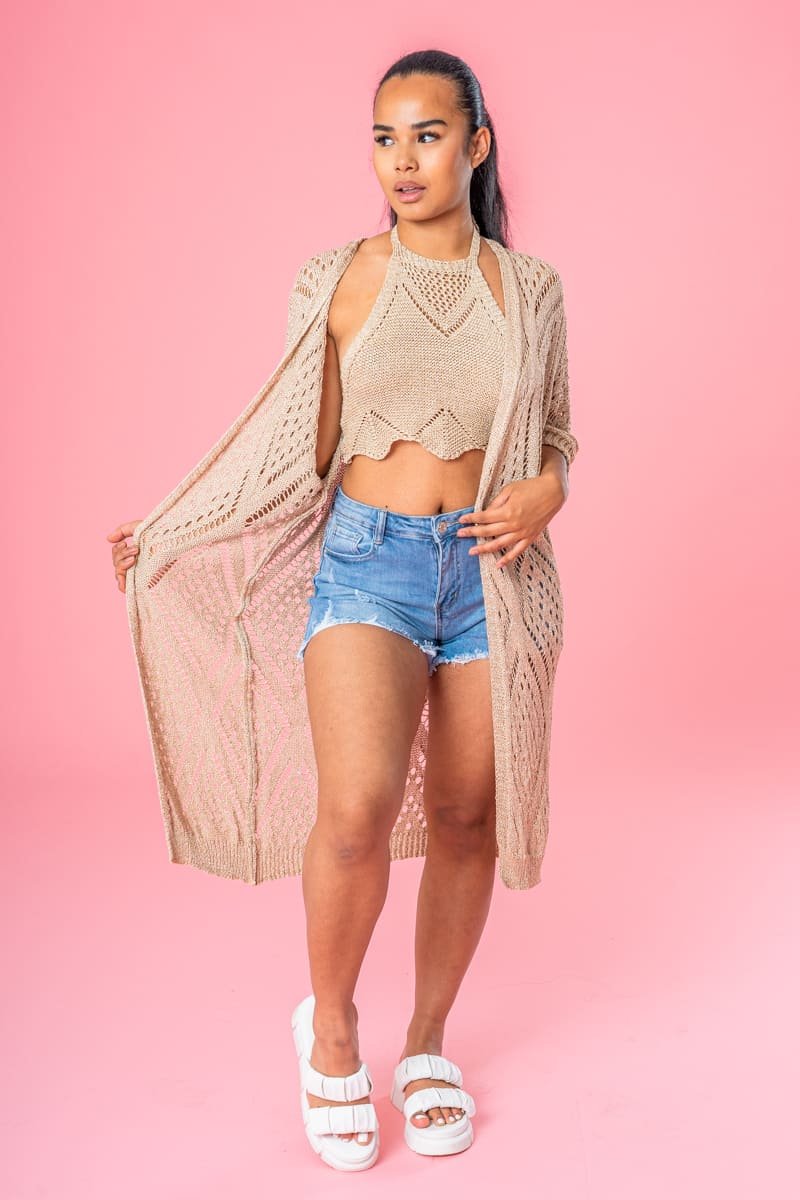 Long gold beach knit cardigan Cinelle Paris fashion for women