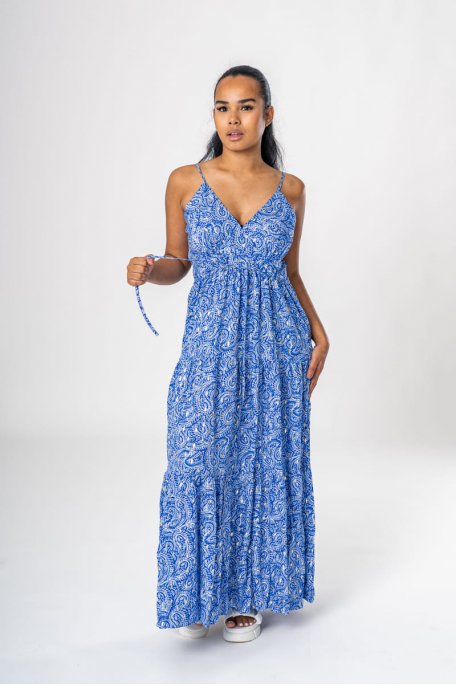 Fluid maxi dress with thin blue straps