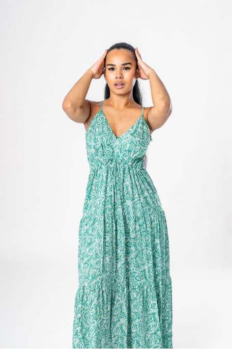 Fluid long dress with thin green straps