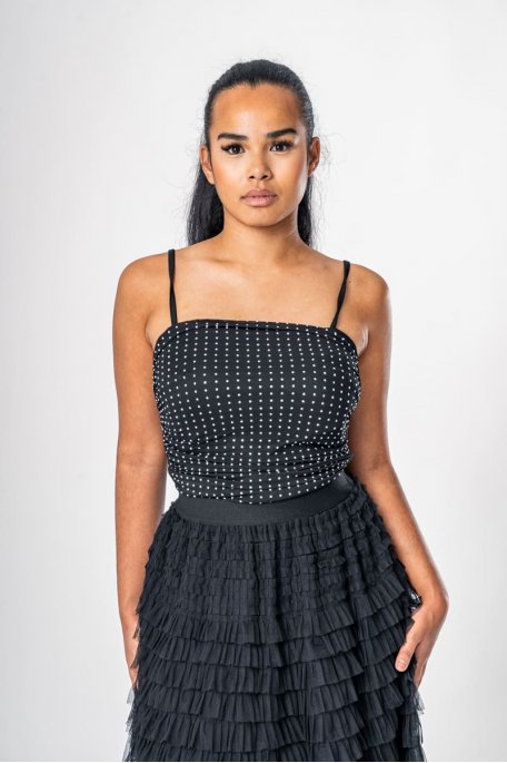 Draped rhinestone crop top in black mesh