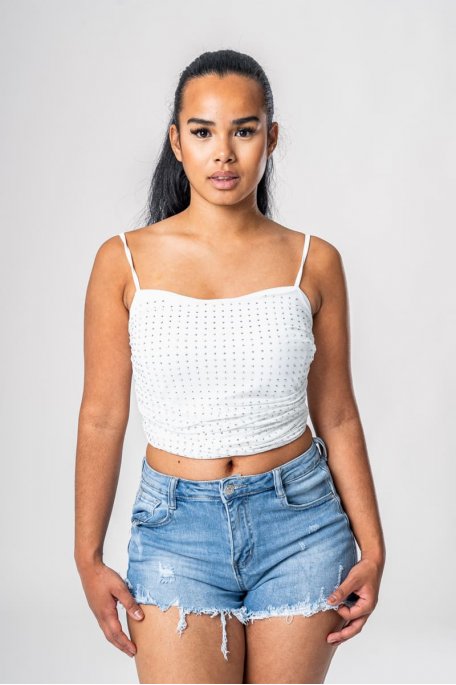 Draped rhinestone crop top in white mesh