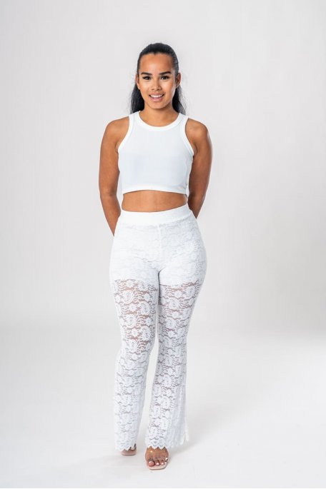 Pantalon en dentelle bas évasé à volants blanc