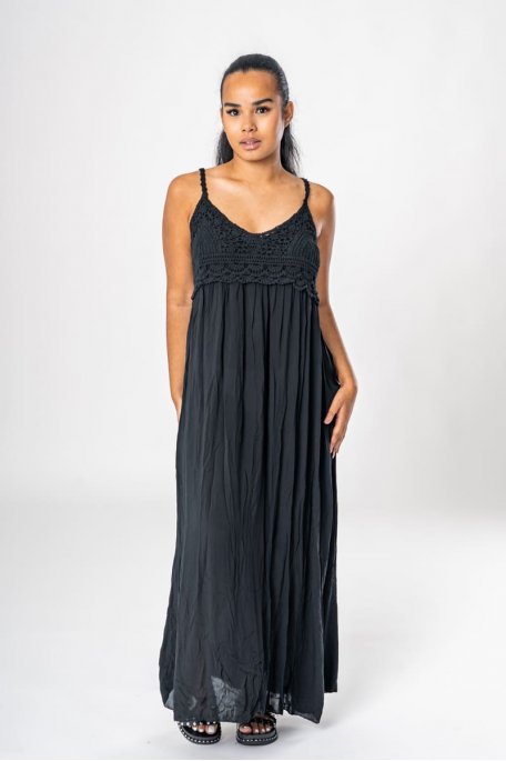 Langes Kleid mit Ajouré-Oberteil aus Häkelmasche schwarz