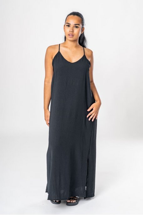 Langes, fließendes Kleid mit schmalen Trägern schwarz