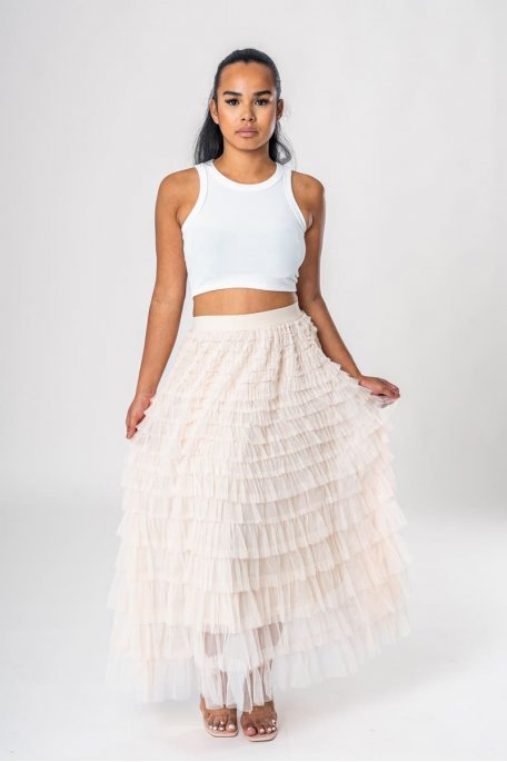Mid-length skirt with beige ruffles