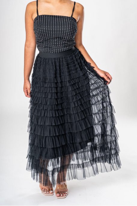 Mid-length skirt with black ruffles