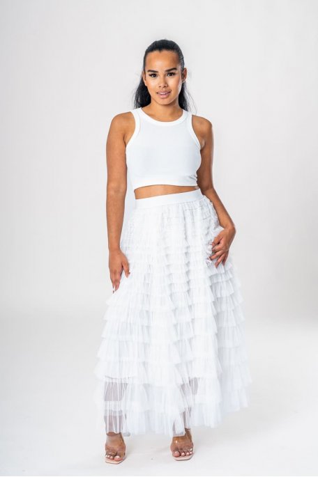 White ruffled mid-length skirt
