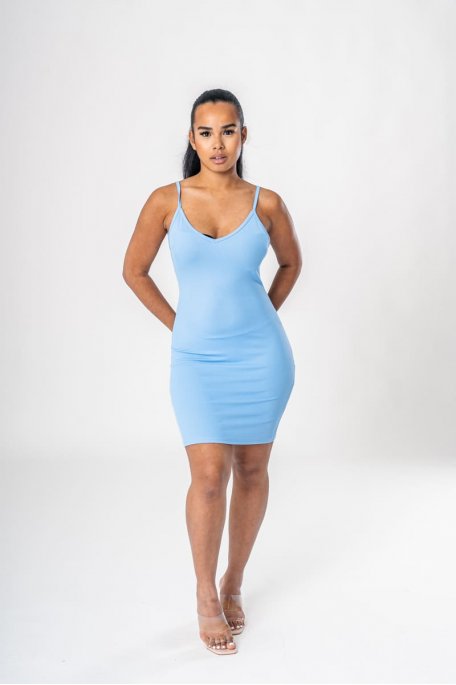 Ribbed short dress with blue straps