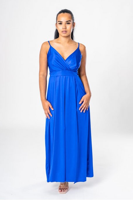 Geschlitztes langes Kleid mit gekreuztem Rücken blau