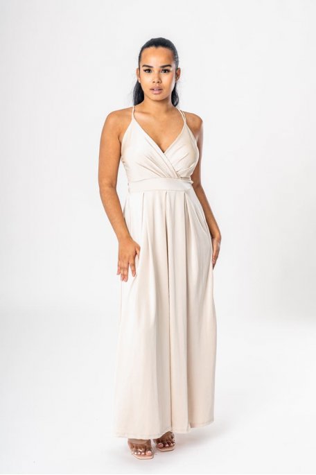 Robe longue fendue dos croisé beige