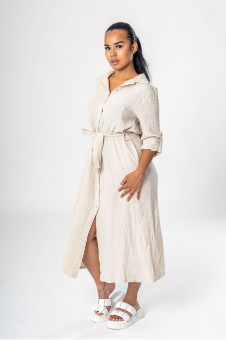 Robe chemise longue gaze de coton beige