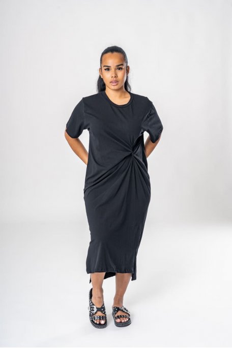 Black midi tee dress with gathered detail