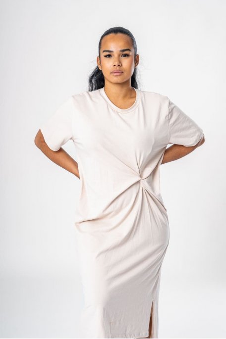 Beige midi tee dress with gathered detail