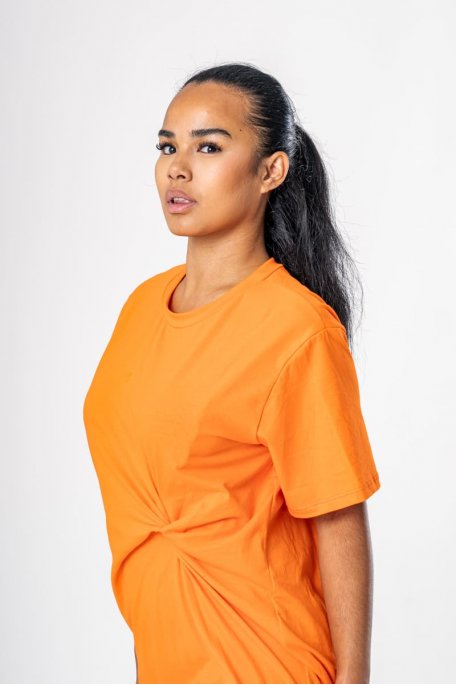 Orange midi tee dress with gathered detail