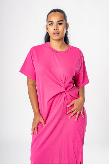 Robe tee-shirt midi détail froncé fuschia