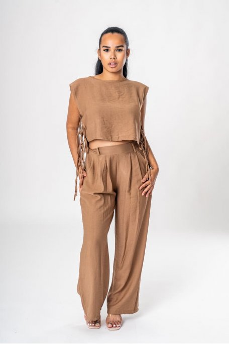 Brown epaulette top and pants set
