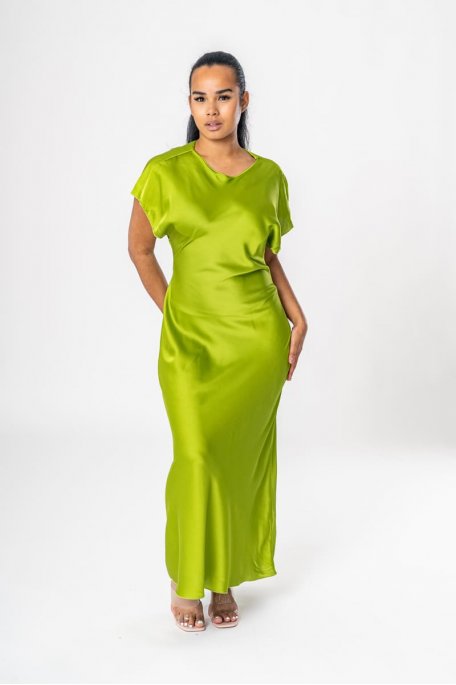 Green satin flowing maxi dress