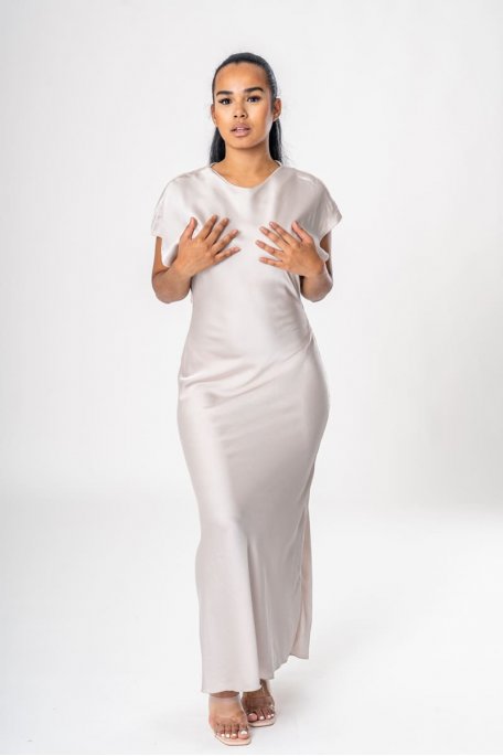 Beige satin flowing maxi dress