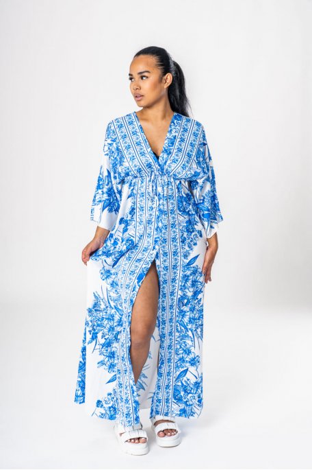 Blue floral buttoned long dress