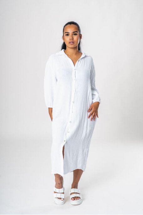 Robe chemise longue gaze de coton blanc
